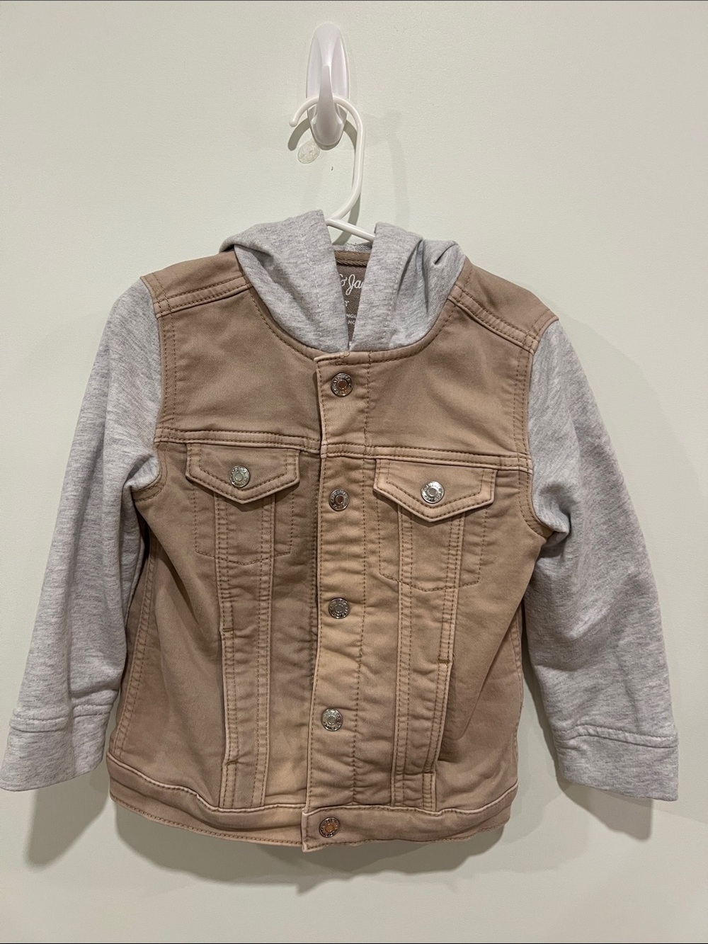 Boy's Hooded Tan Trucker Jacket with Gray Sleeves